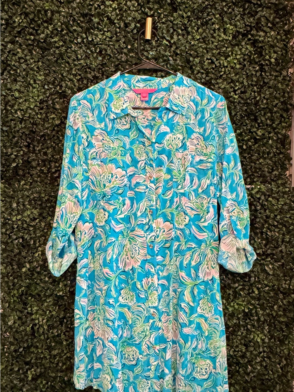 Lilly Pulitzer Turquoise Floral Collared Shirtdress with Pink & Green Accents - Picture 1 of 5